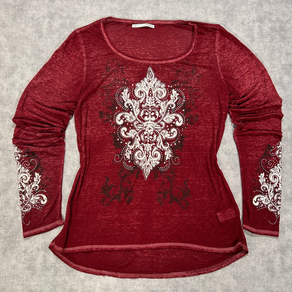 Maurices Y2K Rhinestone Graphic Burgundy Long sleeve Shirt womens Large